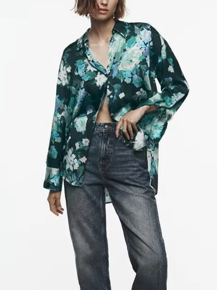 

TRAF Floral Long Shirts for Women Button Up Oversize Shirt Women Long Sleeve Blouse Female Summer Shirts and Blouses