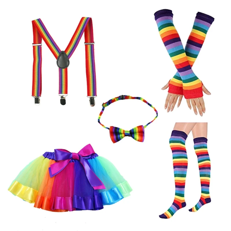 

Cosplay Rainbow Striped Costume Accessories Set Ruffle Layered Tutu Skirt Fingerless Gloves Socks Bow Tie Suspenders