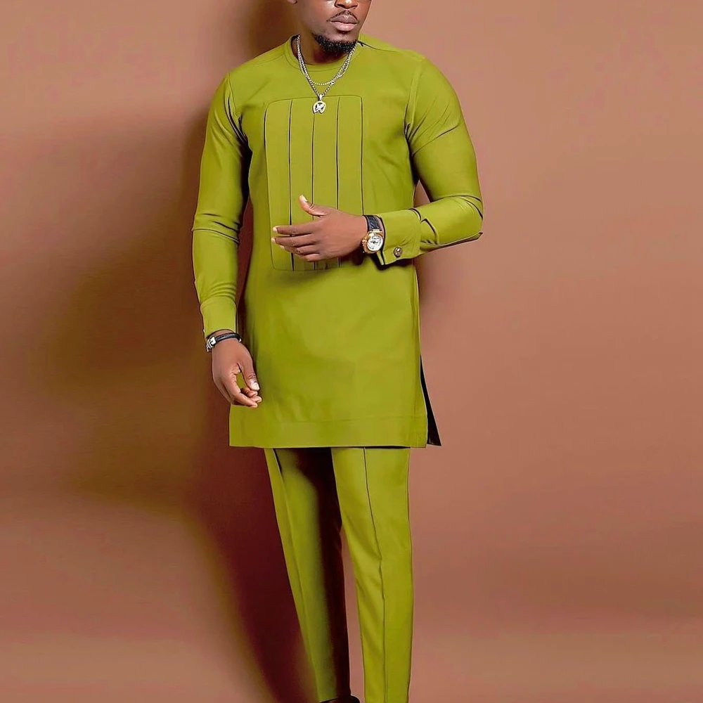 Kaftan Men's Set 2Pieces Summer Long Sleeve Pleated Top Shirt Pants African Casual Ethnic Fashion Men's Suits Outfits tracksuits