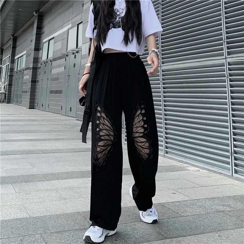 

2021 Spring and Autumn High Elastic Waist Black Hollow Butterfly Print Long Harem Pants New Loose Women Fashion Casual Pants