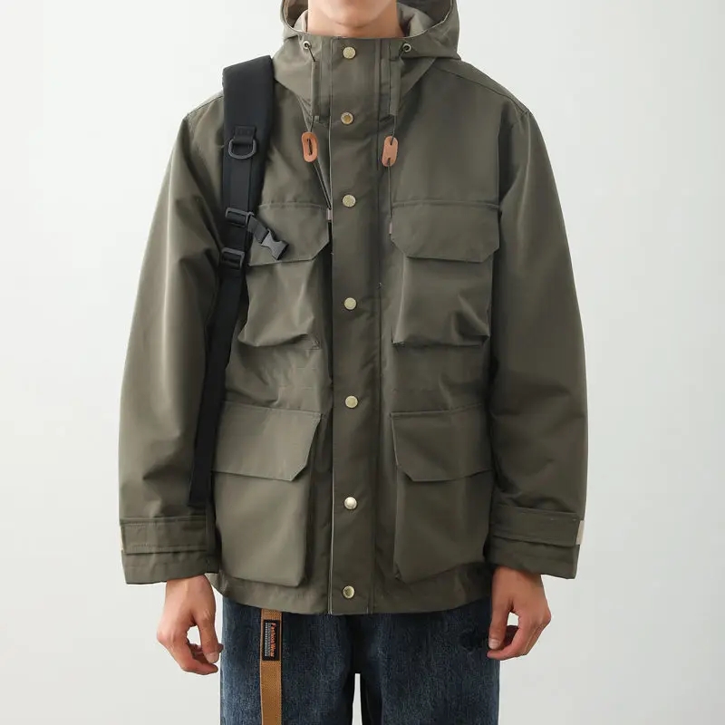 

Functional Wind Work Jacket Men's Solid Color Multi-pocket Hooded Windbreaker Jacket Casual Streetwear Fashion Outerwear