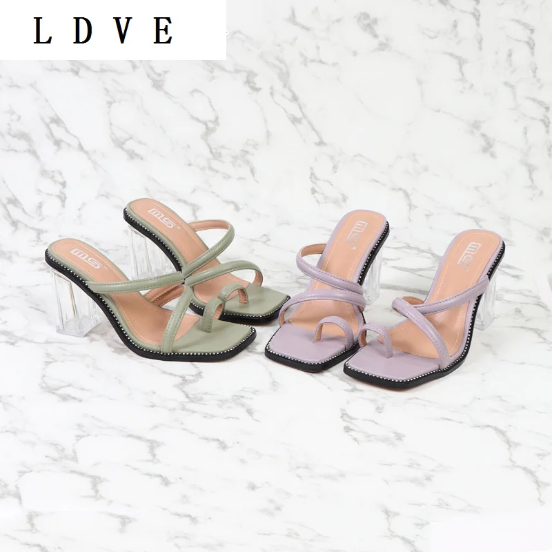 

new spring 2021 and summer all-match thick-heeled flip-flops women's large size high-heeled rhinestone solid color lar