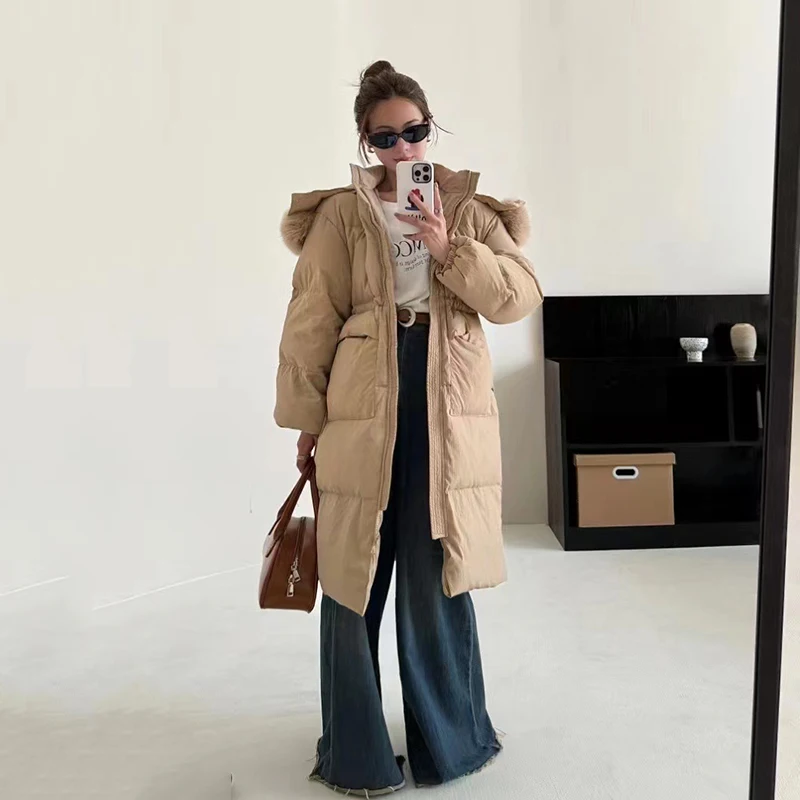 Зимний длинный пуховик женский толстый большой меховой воротник 90 белое пальто