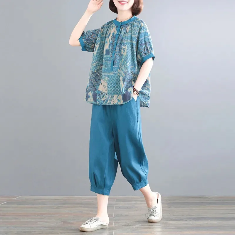 

One-Piece/Set Female Summer New Korean Version Loose Two-Piece Women's Ethnic Style Printed Cotton Outfit Casual Suit Ladies Top