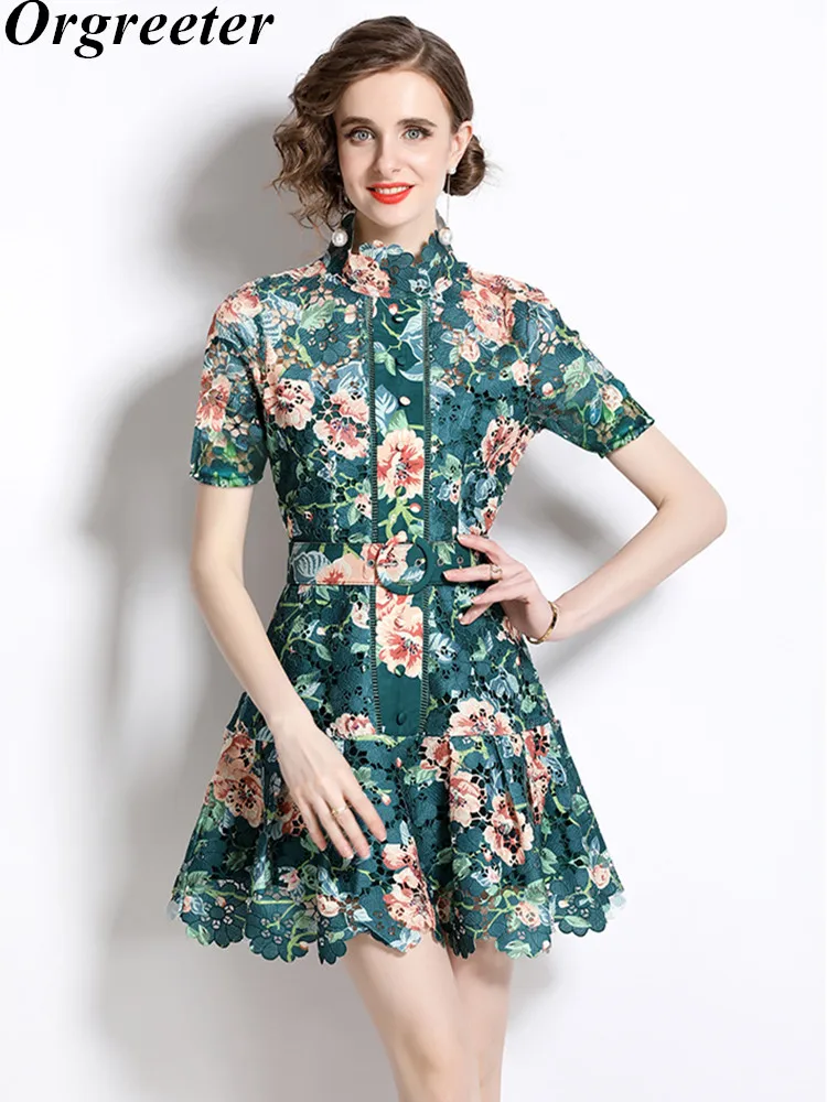 

Summer Crochet Hollow out Green Lace Dress Women's Stand collar Short Sleeve Flower Embroidery Ruffles Mini Dress Party Vestidos