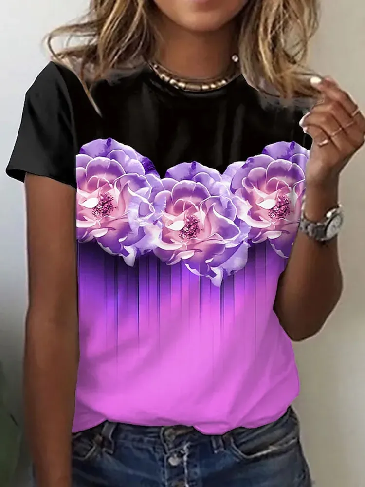 

2022 New Summer Fashion Short-sleeved Flower Rose Print Casual 3D Rose Print Women's T-shirt