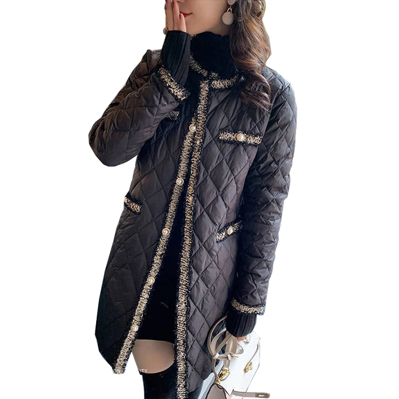 2021 Winter Wadded Coat Women Elegant O Neck Button Lightweight Long Warm Outerwear Tassels Patchwork Female Black Padded Jacket