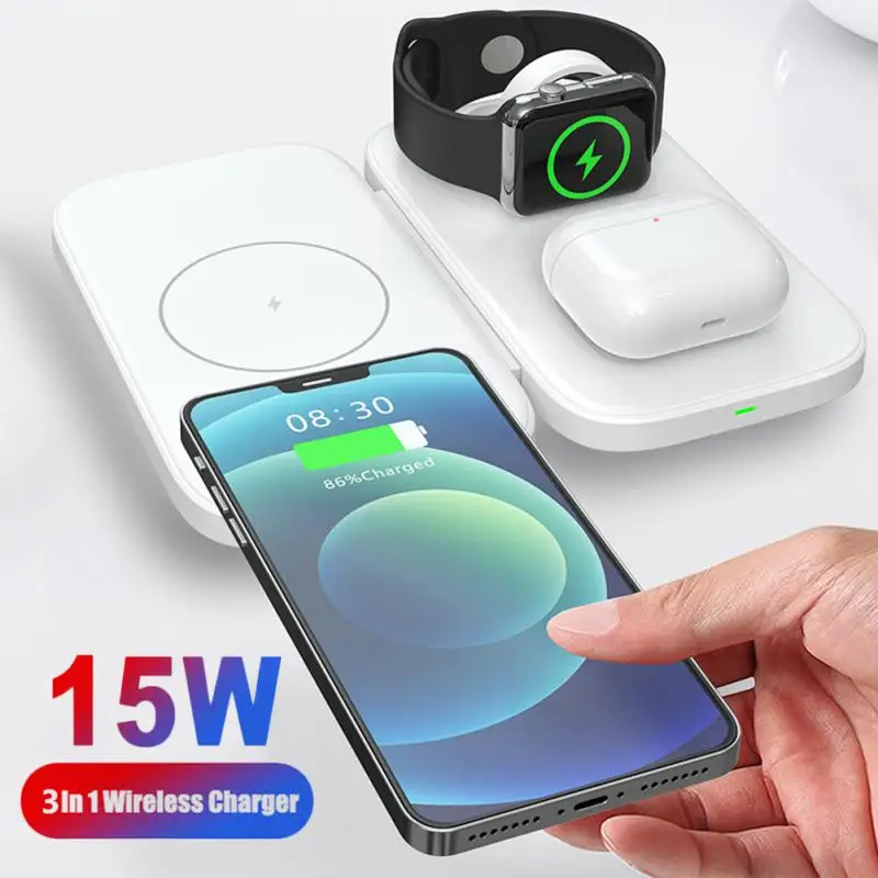 

15W Fast Wireless Charger Pad for iPhone 12 13 Airpods Foldable 3in 1 Wireless Fast Charging Stand Dock Station for Apple Watch