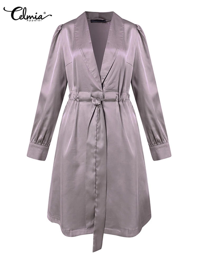 Celmia Long Sleeve Casual Nightgowns Elegant V Neck Sexy Sleepwear Mini Dresses Belted Satin Silk Women Sleep Robe Sleep Gowns