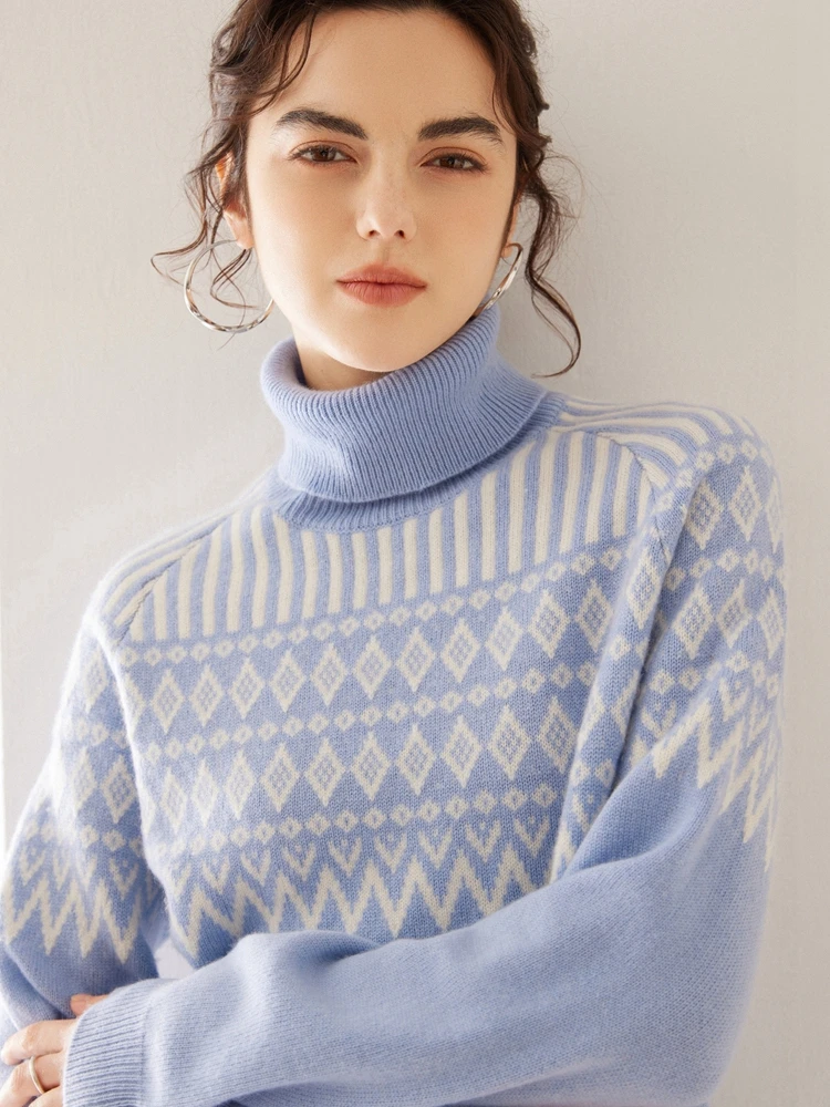 Новые женские пуловеры с высоким воротником жаккардовый кашемировый свитер