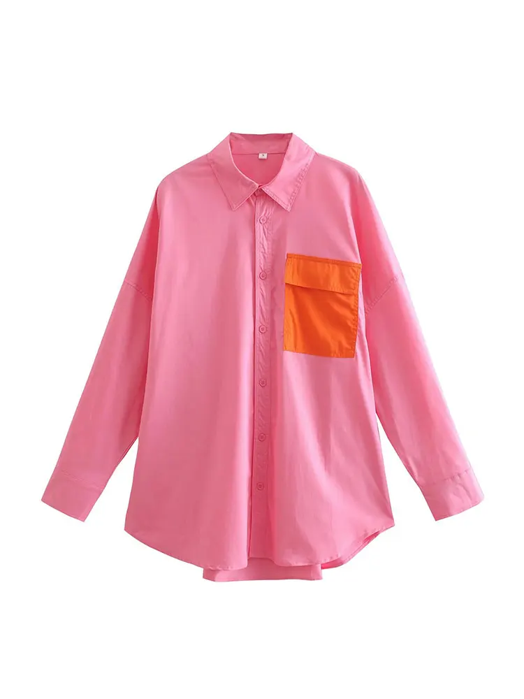 

Nlzgmsj ZBZA Women 2022 Pink Shirt Women Summer Long Sleeve Button Up Vintage Spring Shirts Woman Front Patch Pocket Top 202203