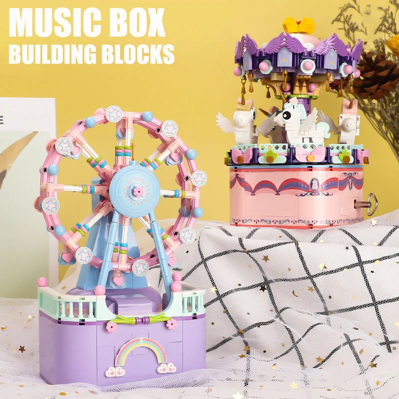 

Creative Amusement Park Ferris Wheel Merry-go-round Music Box Building Blocks DIY Rotating Music Box Bricks Toys For Girls Gifts