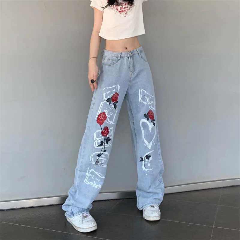

iRabeeZT Vintage Jeans Pants Women Denim Trousers Print Letters Rose Autumn New High Street Unisex Loose Straight Wide Leg Pants