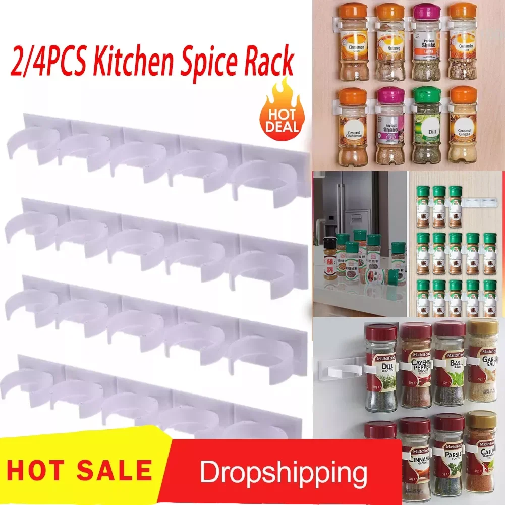 

2/4PCS Kitchen Storage Rack Wall Mount Spice Rack Seasoning Bottle Plastic Clip Rack Cabinet Door Hooks Jar Spice Holder Tools