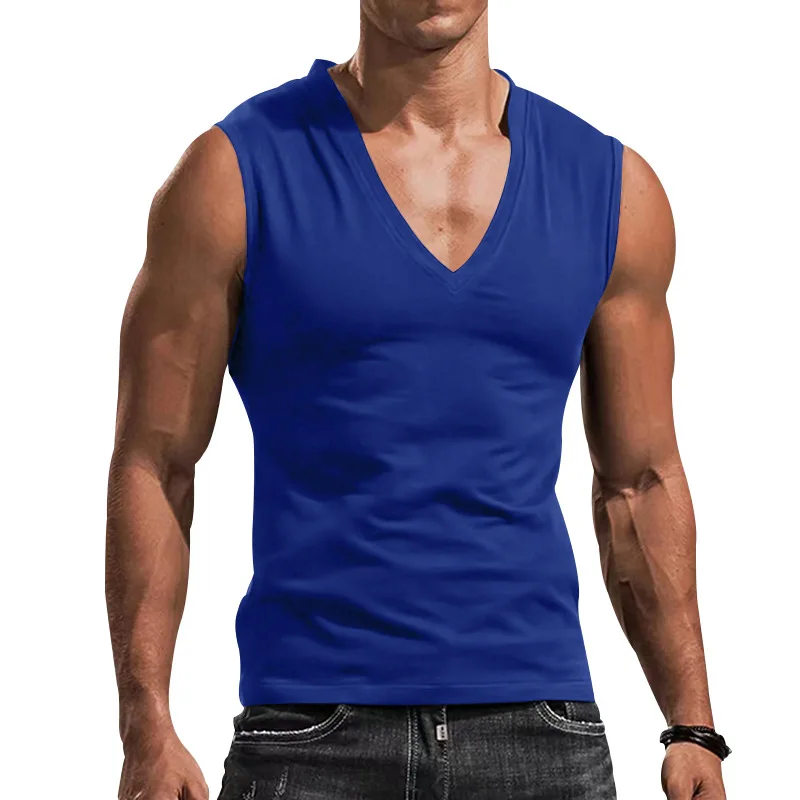 2023Foreign trade European code men's solid colorVCollar vest casual breathable sleevelessTT-shirt vest in stock images - 6