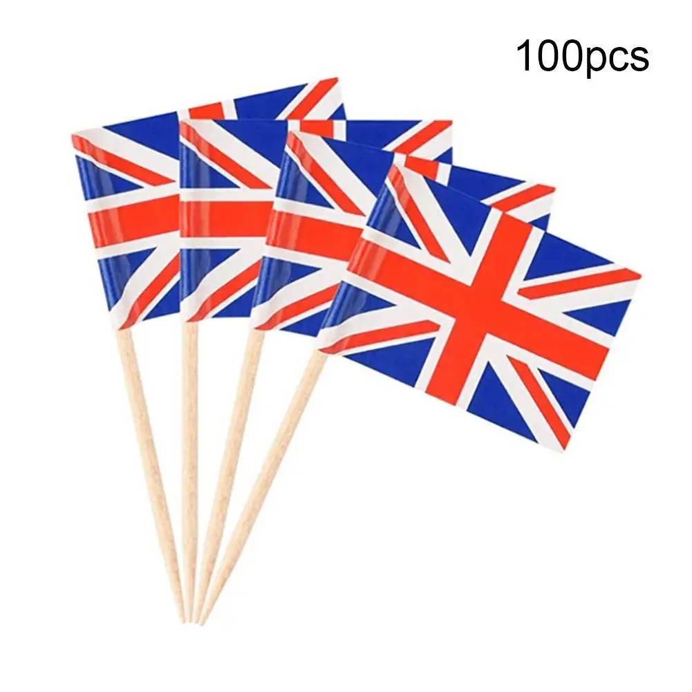 

100 шт. флаги Великобритании, флаги зубочисток, флаги для вечевечерние, топперы для кексов, Флаг Союза Джека, палочки для коктейлей для маток 70 лет