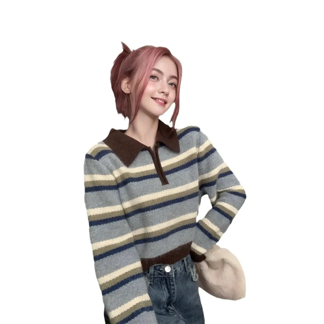 Новинка 2024 винтажный дизайн чувственный цветной полосатый свитер на молнии с