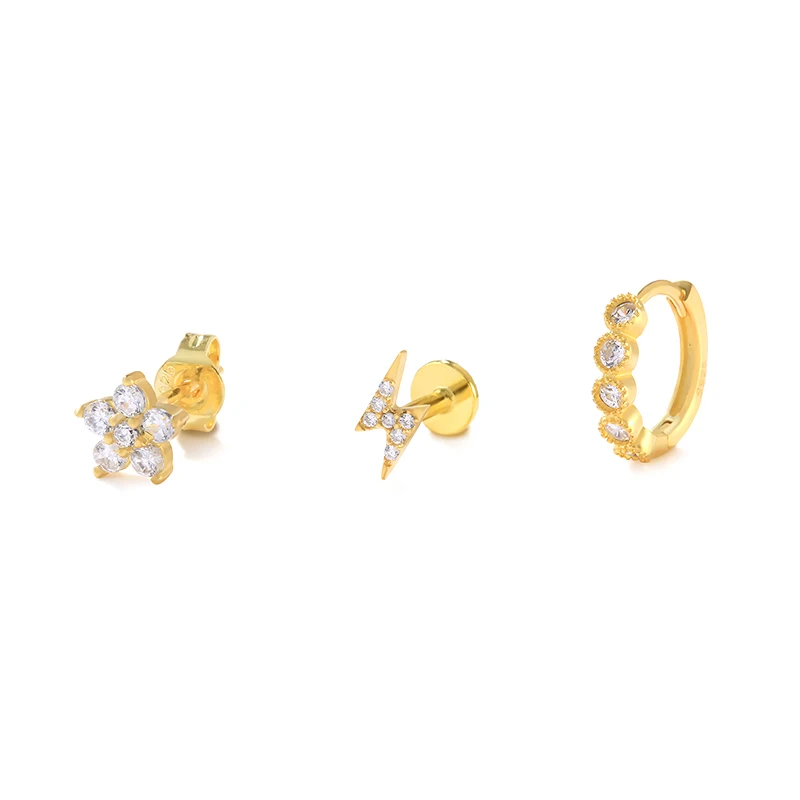 

CANNER 3Pcs Lightning Aros Plata 925 Mujer Earring For Women Stud Earrings 18K Gold Ear Piercing Jewelry Gift Kolczyki