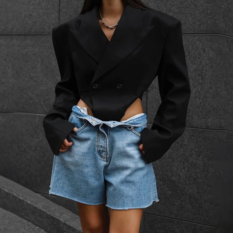 Women Blazer Autumn Spring Long Sleeve Bodysuit Fashion Turn Down Collar Top with Shoulder Pad Black Casual Streetwear Coat