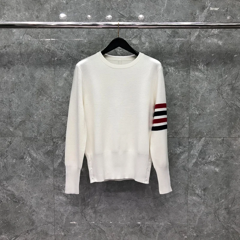 TB THOM Sweater Luxury Brand Women's Winter Sweater Wool Red And Navy 4-Bar Milano Stitch Crewneck Pollover Korean Fashion Tops
