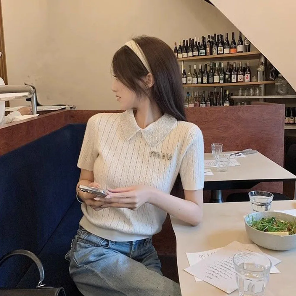 Элегантный офисный винтажный свитер 2024 женская белая вязаная футболка с