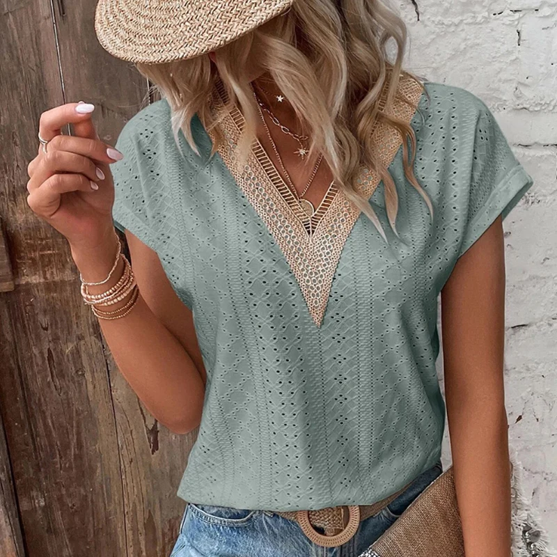 

V Neck Lace Elegant Blouses and Youth Short Sleeve Hollow Out Top 2023 Summer Fashion White Shirt Lady Loose Casual Blusas 25802