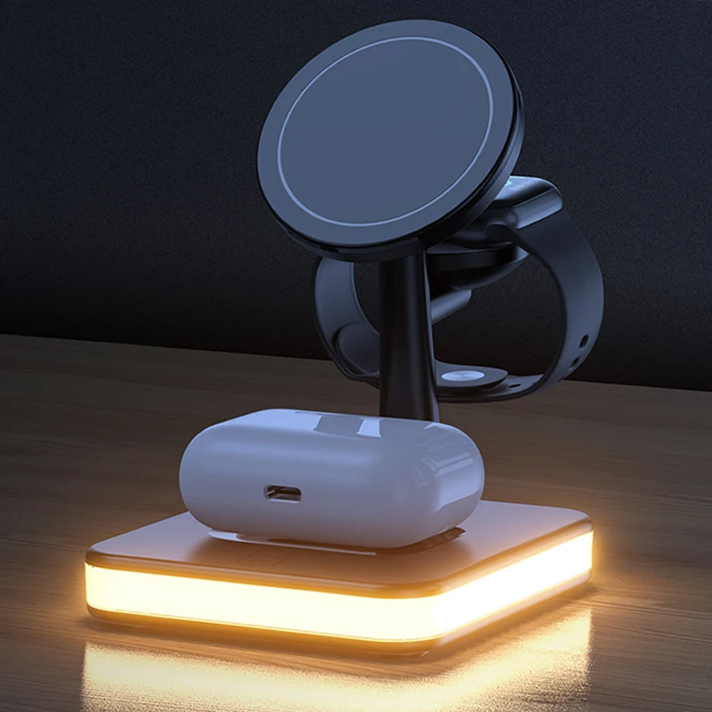 

4 in 1 Wireless Charging Station Charger LED Night Light for iPhone 12 13 Airpods 3 2 Pro iWatch Compatible with Magsafe Case