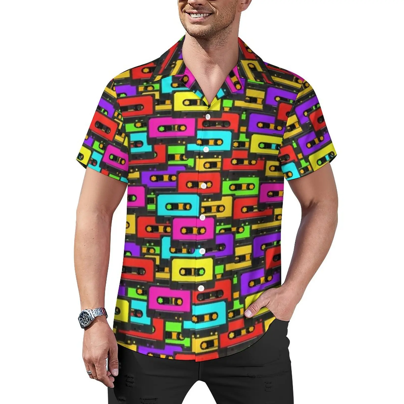 

Music Casual Shirts Colorful 80s Audio Tapes Beach Shirt Hawaiian Y2K Blouses Male Printed Plus Size 4XL