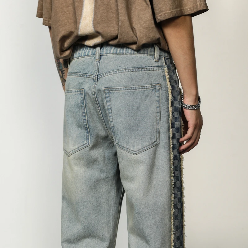 Four Seasons Men's Color-blocking Jeans New American Street Design Washed Denim Straight Loose Trousers Ins Hot Selling Denim