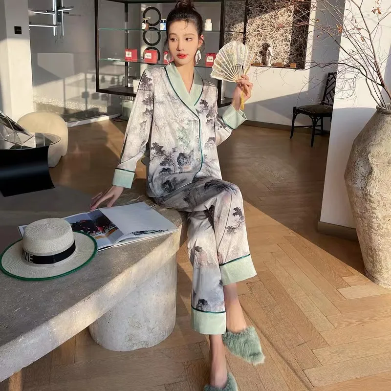 2023 Spring new Chinese national style pajamas for women's V-neck high-luxury home service suit breathable and soft loungewear