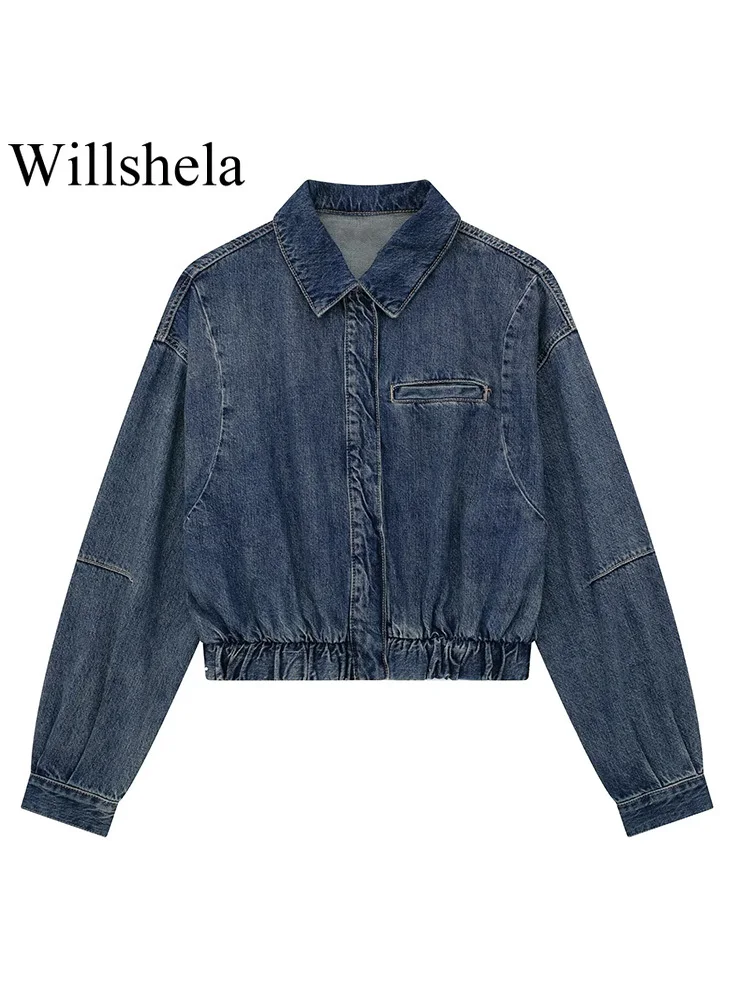 

Willshela женские модные джинсовые синие однобортные куртки-бомберы винтажные с отворотом и длинными рукавами женские шикарные наряды