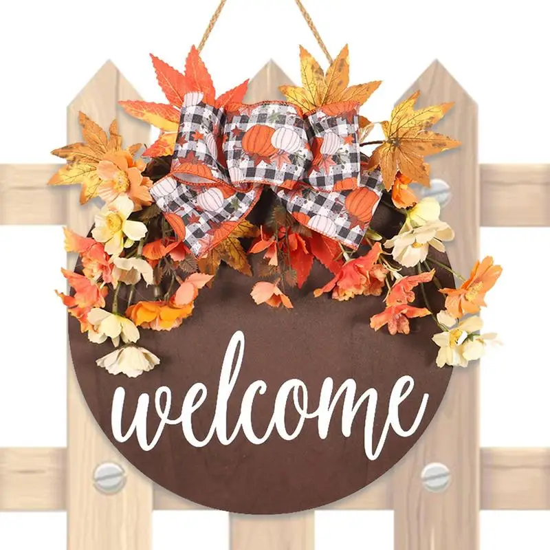 

Seasonal Welcome Sign Farmhouse Front Door Signs With Maple And Bowknot Decor 30cm Round Wood Wreath Outdoor Seasonal House