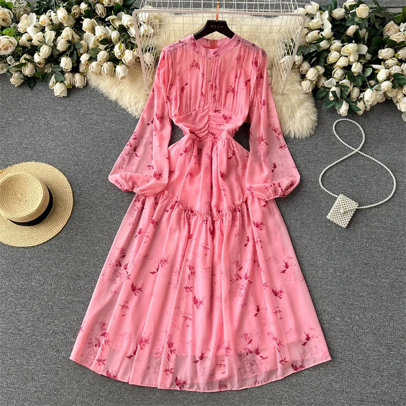 

Summer New Mid-Length Women Floral Dress Round Neck High Waist Round Collar Long Sleeve Flower Printing Chiffon Dress Vestidos