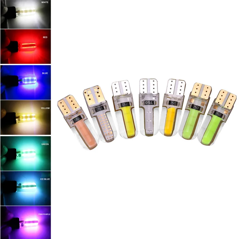 

2 pcs T10 W5W 194 Car Led Canbus No Error Silica Gel Cob Light Bulb 12V Automobile Styling Lights Ice Blue Green Pink Red Lamp