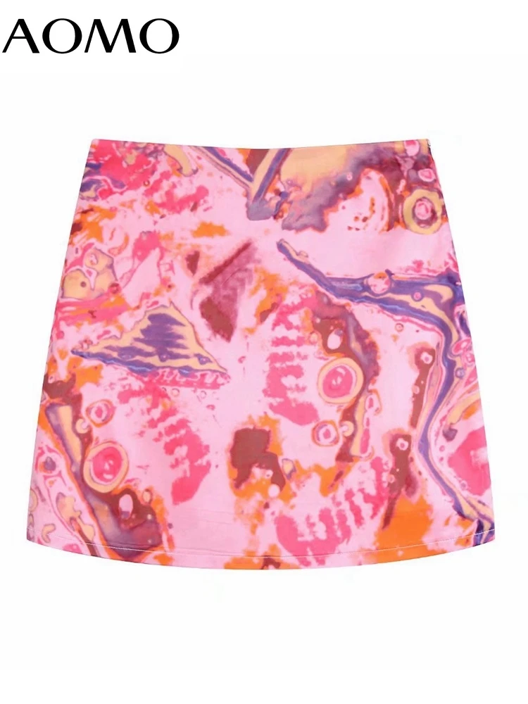 

AOMO 2022 Women Tie Dyed Print Skirts Faldas Mujer Zipper French Style Female Mini Skirt BE283A
