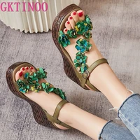 gktinoo 2022 summer new retro genuine leather handmade breathable lady shoes peep toe floral muffin comfortable women sandals