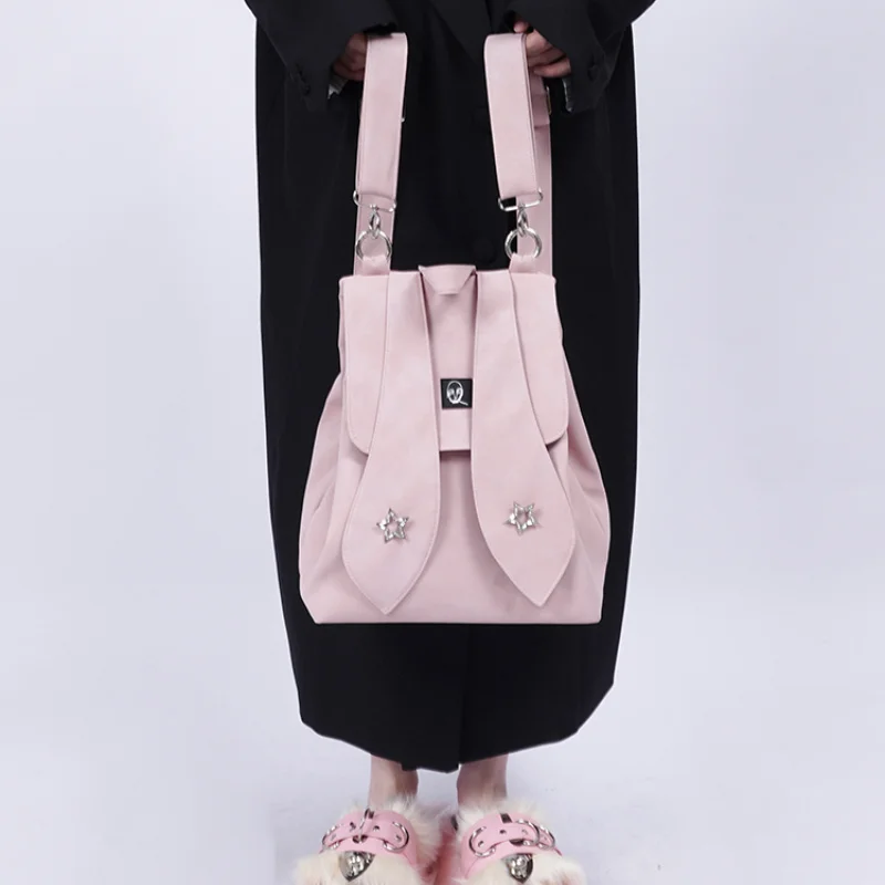 

Милый модный рюкзак в стиле Харадзюку, дизайнерская вместительная сумка из искусственной кожи с аппликацией в виде розовых кроличьих ушек и звезд, на лето