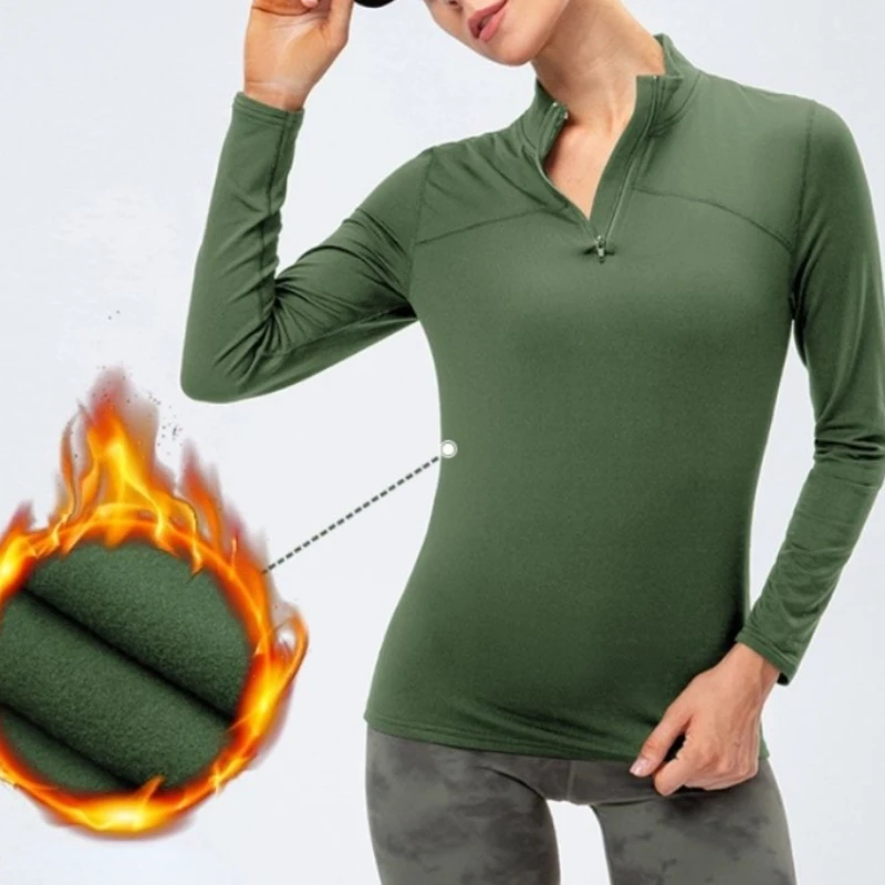 Yoga Long Sleeve Women High Elastic Tight T-Shirt Zip Neck Autumn Winter Warm Fleece Athletic Top Breathable Running Clothing