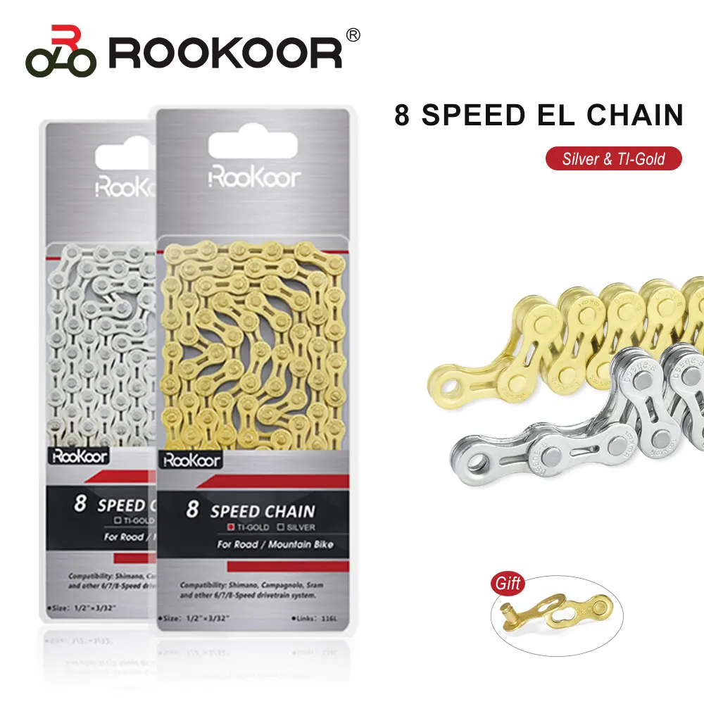 

Rookoor MTB Road Bicycle Chain 6 7 8 Speed Silver Titanium Plated EL Half Hollow Chains 116 Links Cycling Accessories Bike Part
