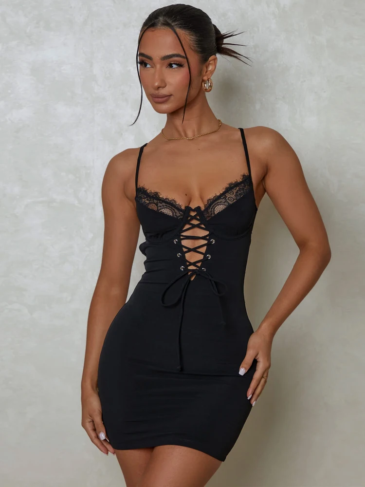 

TEMUSCOLA V Neck Lace Trim Bodycon Mini Dress Women Solid Spaghetti Strap Hollow Out Backless Summer Dress Sexy Female Clubwear