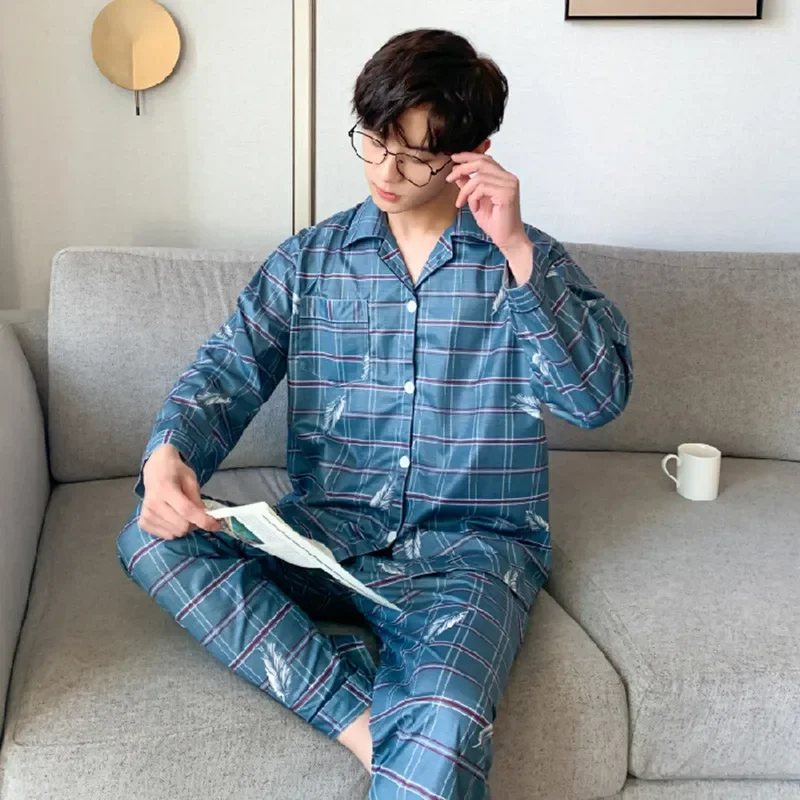 

cotton Long-sleeved Print Sleepwear Check Pajamas Pijamas Trousers Pajamas Spring And Homewear Men's Men pj for for Autumn Suits