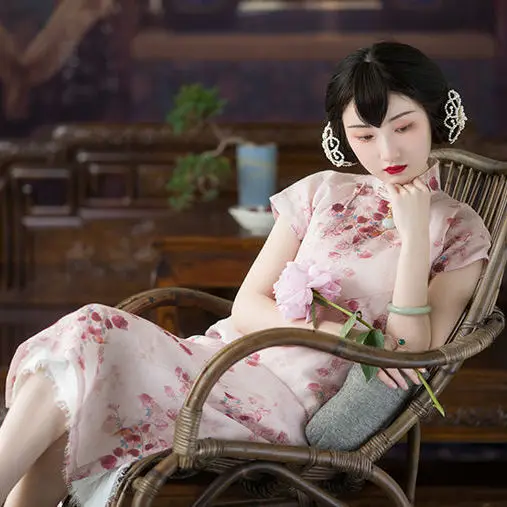 

بنات صغار حلوات كتير Pink Stand Collar Floral Printed Vietnamese Dress Traditional Chinese Clothes Cheongsam Improved Version