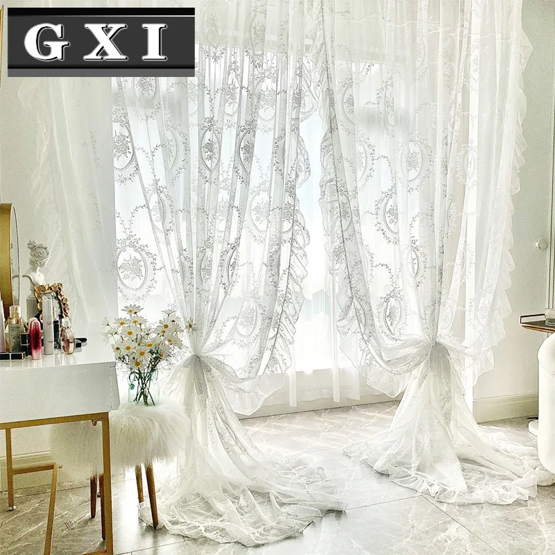 

French Princess White Lace Ruffled Tulle Curtain For Living Room Bedroom Sheer Voile Kitchen Window Drapes Finished Cortinas