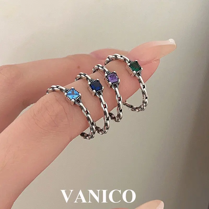 

Tiny Chain Link Ring 925 Sterling Silver Simple Small Square Multicolor Cubic Zirconia Stacking Adjustable Open Rings for Women