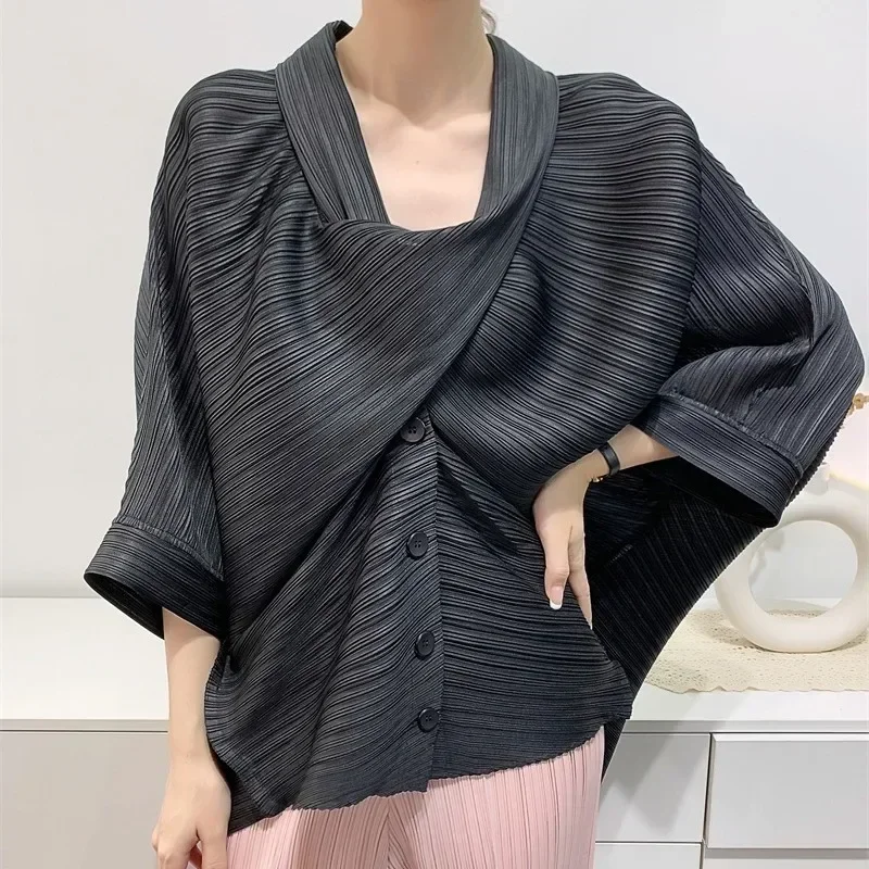 Фото Оригинальная плиссированная короткая куртка ALSEY Miyake для женщин, весна-лето 2024, новинка, Свободный Повседневный Топ с рукавом в семь минут и воротником-шарфом №4