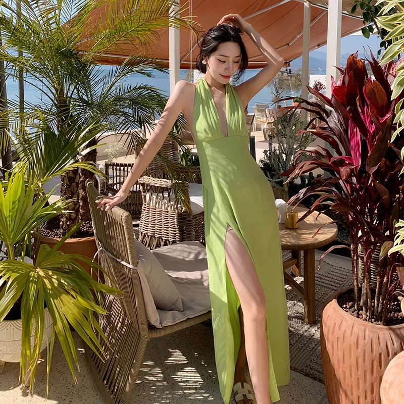 

Облегающие сексуальные женские платья с открытой спиной Вечерние, летнее однотонное пляжное платье в стиле 2022, новое платье без рукавов с в...