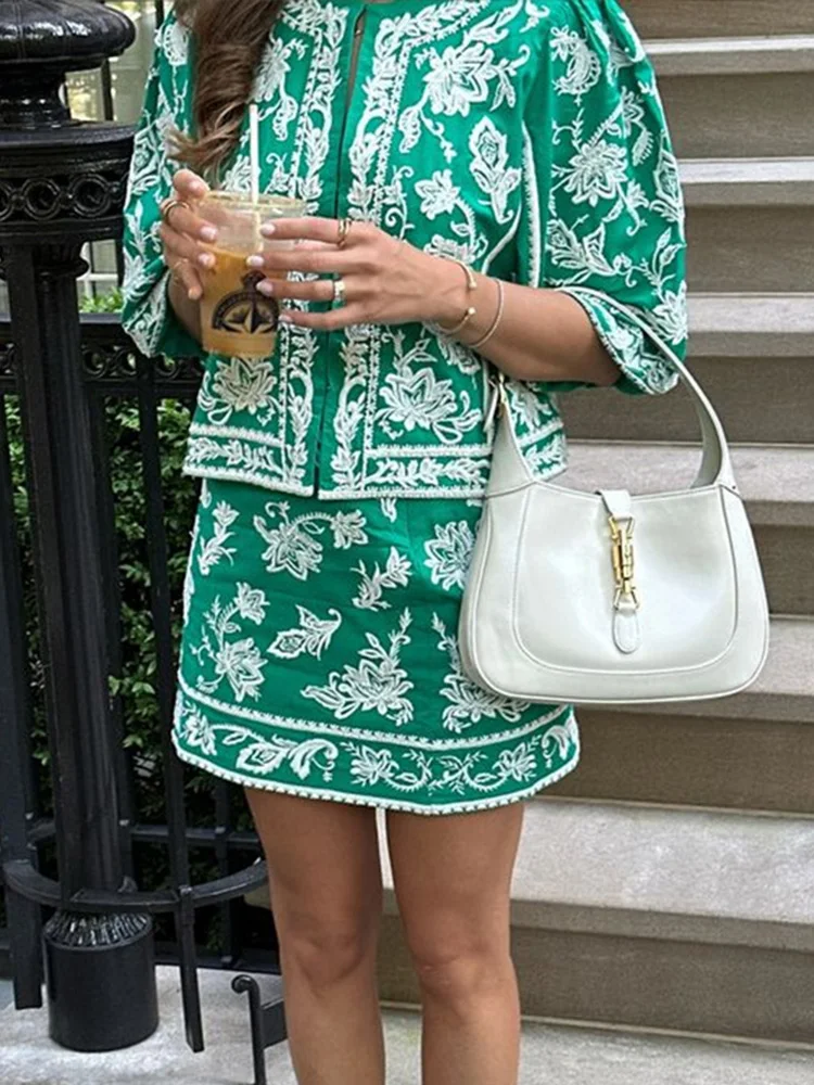 Элегантные женские комплекты с принтом и юбками повседневные топы круглым