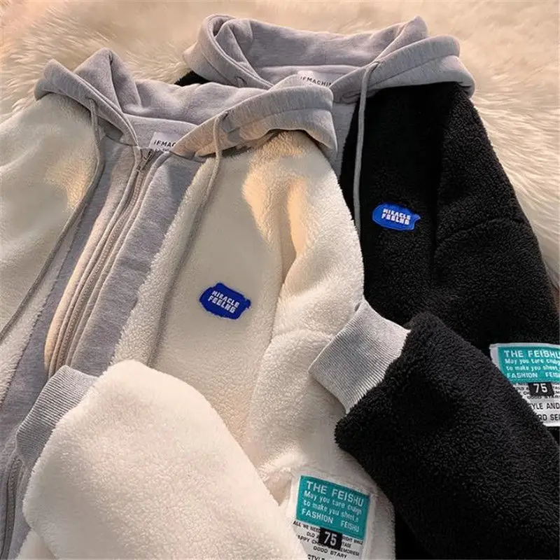 

Hip-hop Winter Lamb Wool Hooded Sweater Women's Padded Jacket Couple Sweater Top Fashion Fake Two-piece Velvet Thick Coat