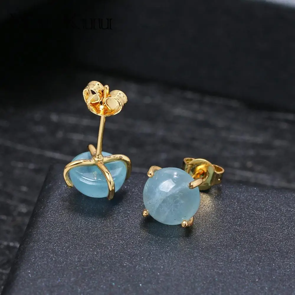 Женские серьги-гвоздики из серебра 925 пробы с натуральным аквамарином