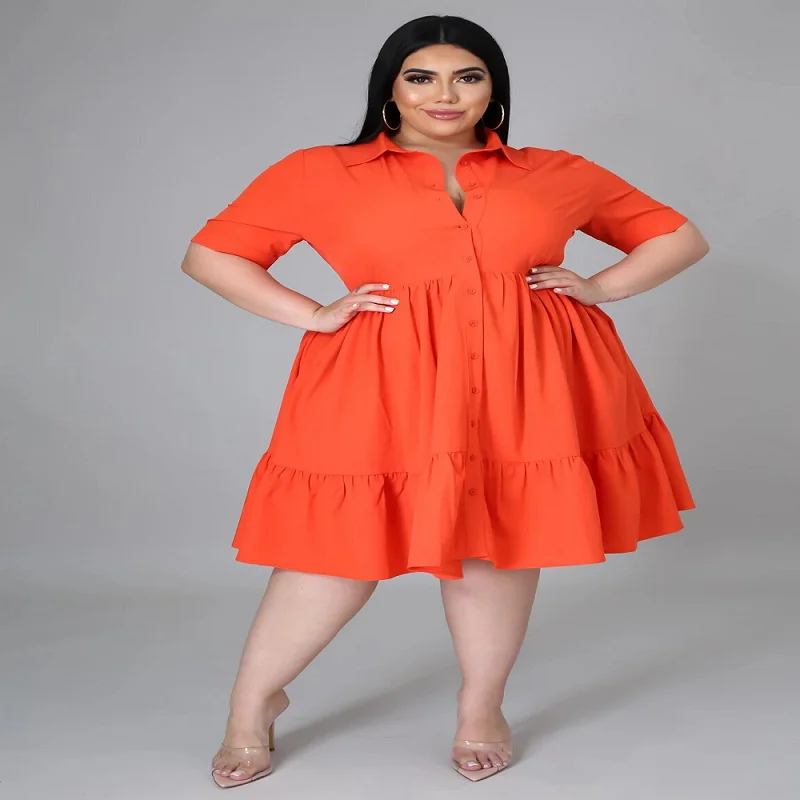 Summer Solid Color Plus Size Lapel Button Shirt Dress 5xl Women's  5XL Point Sleeve Ruffle Midi Skirt Commuter Versatile Women's